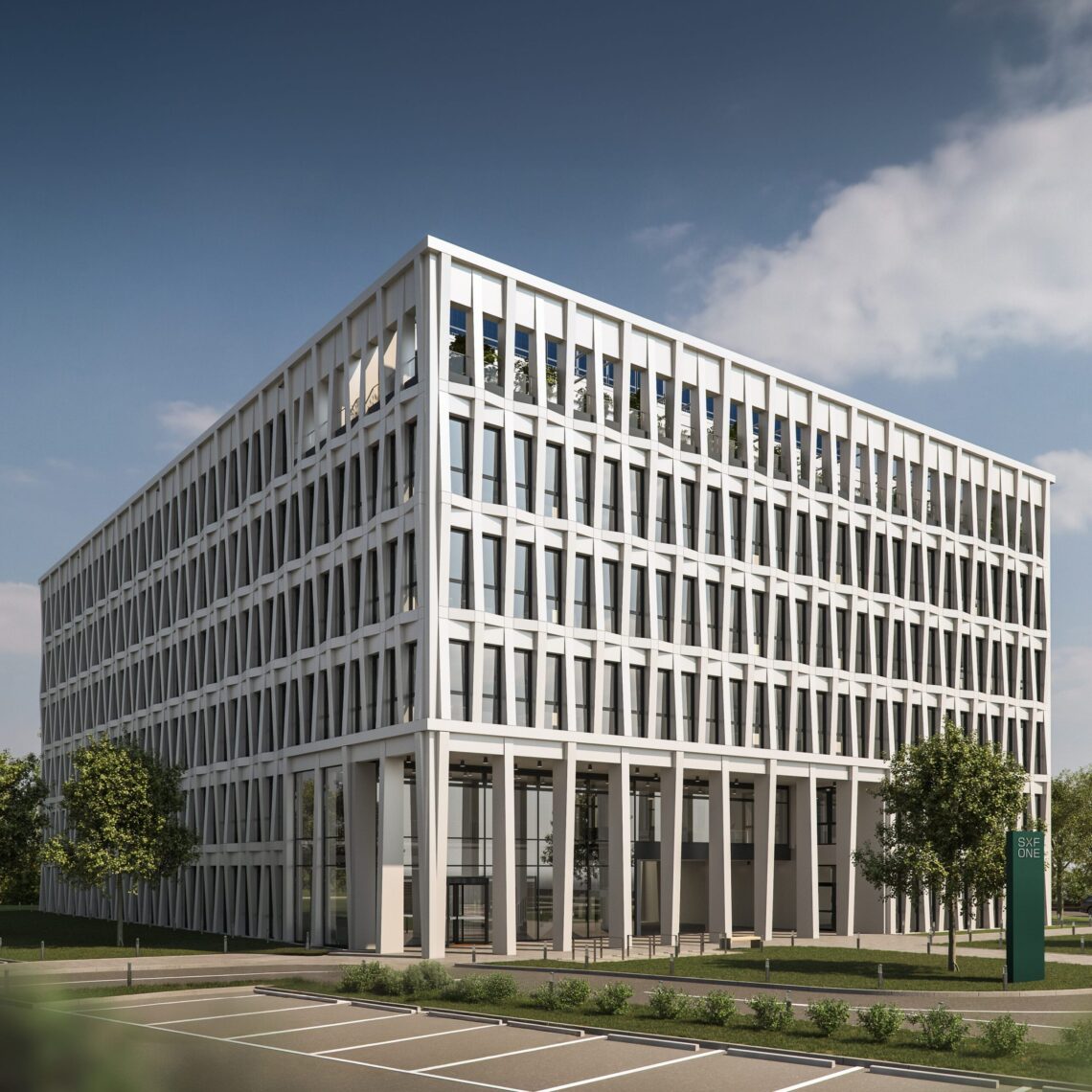 Außenansicht des SXF ONE. Das erste Bürogebäude des Quartiers Schönefeld Süd in Berlin.